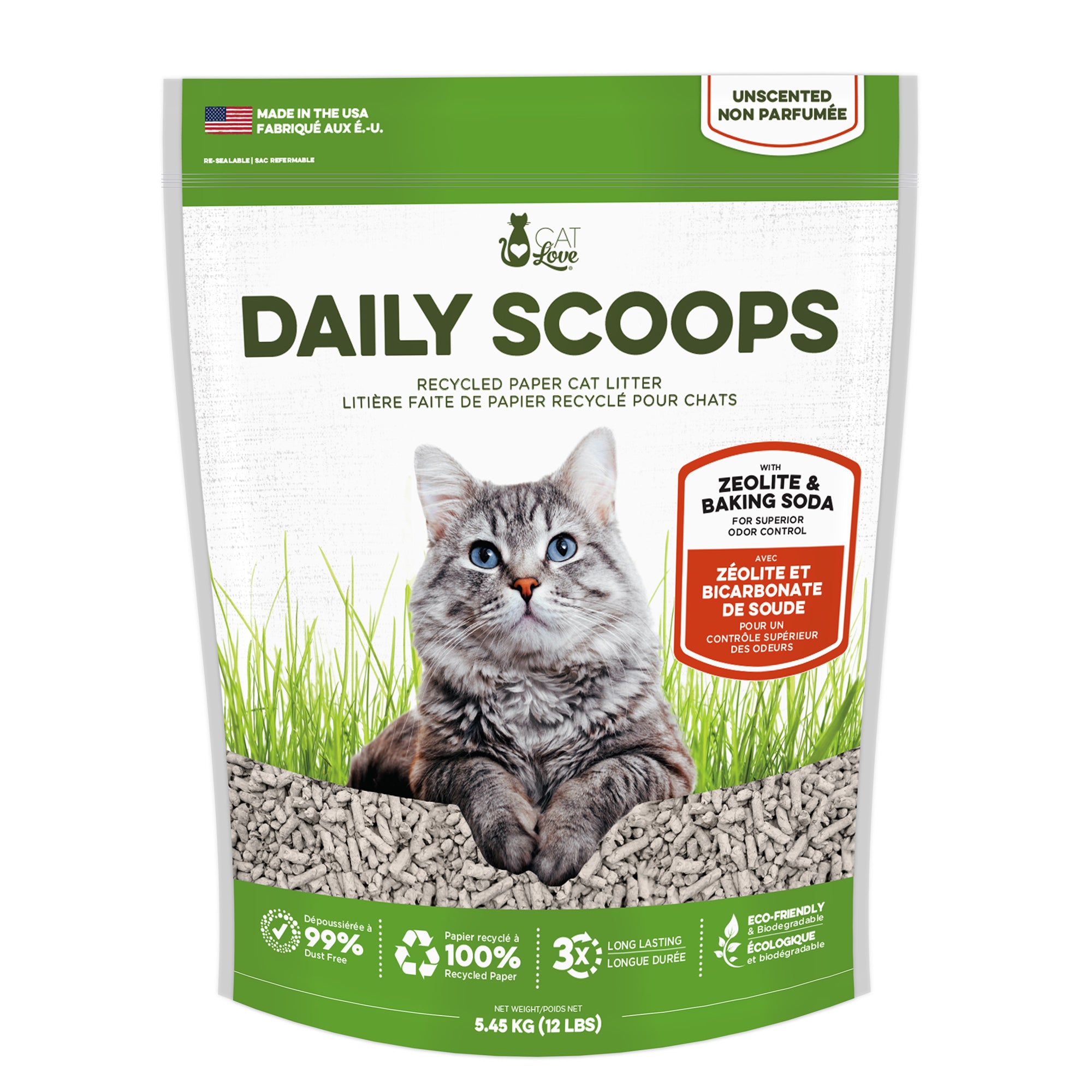 Litière pour chats Daily Scoops Cat Love faite de papier recyclé, sac de 5,44 kg (12 lb)