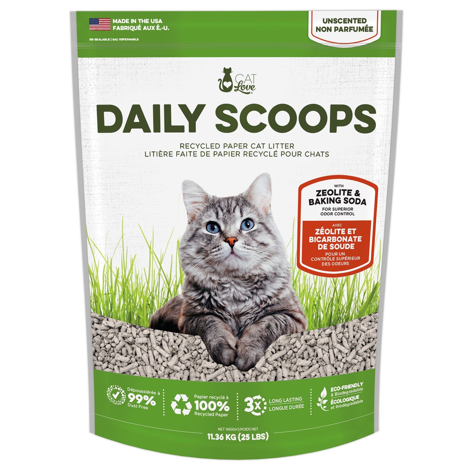 Litière pour chats Daily Scoops Cat Love faite de papier recyclé, sac de 11,36 kg (25 lb)