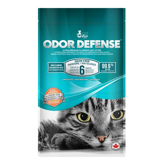 Litière agglomérante Odor Defense Cat Love pour chats, non parfumée, 12 kg (26,5 lb)