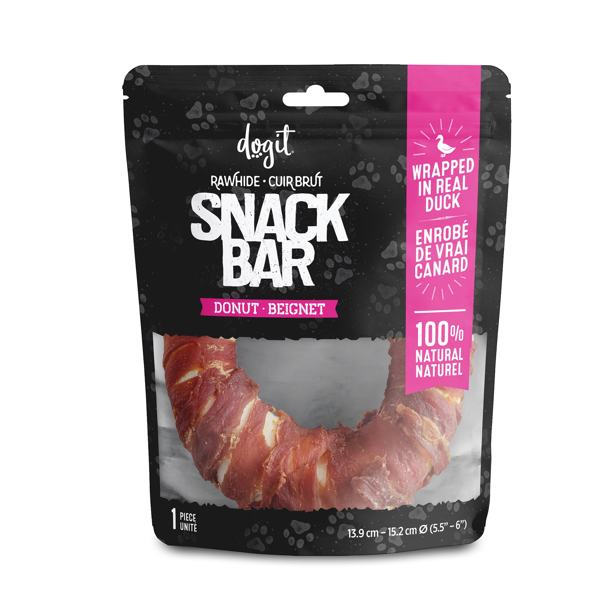 Dogit Snack Bar Rawhide - Duck-Wrapped Donut - 1 pc (13.9 - 15.2 cm/5.5 - 6 in dia.)