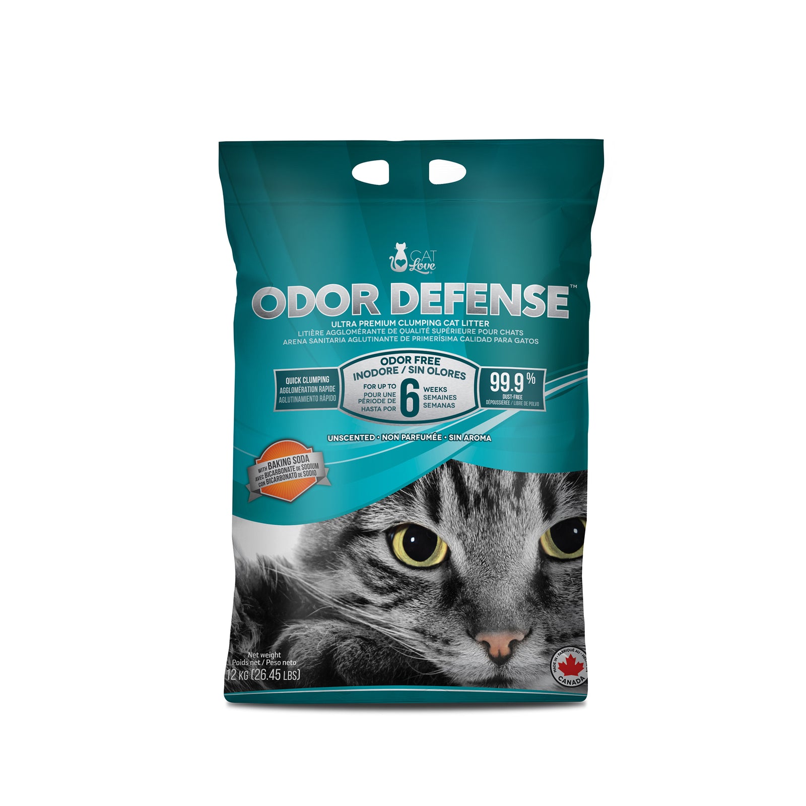 Litière agglomérante Odor Defense Cat Love pour chats, non parfumée, 12 kg (26,5 lb) - La niche&moi