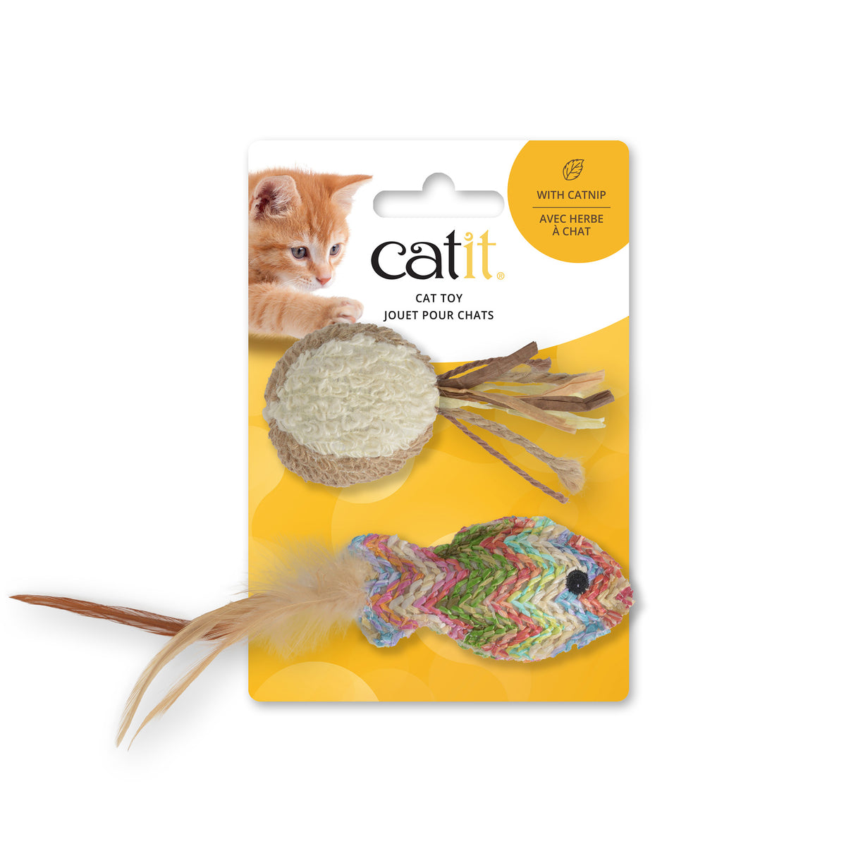Jouet Catit pour chats, poisson tissé en paille et balle en ratine - La niche&amp;moi