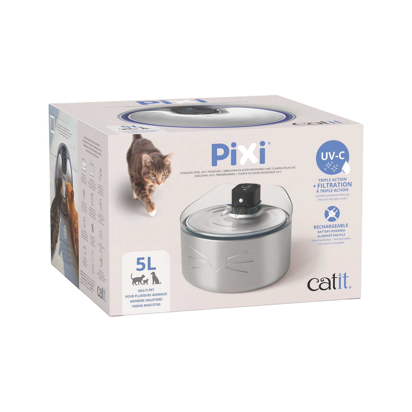 Abreuvoir sans fil Catit PIXI en acier inoxydable avec clarificateur UVC, 5 L (1,3 gal) - La niche&moi