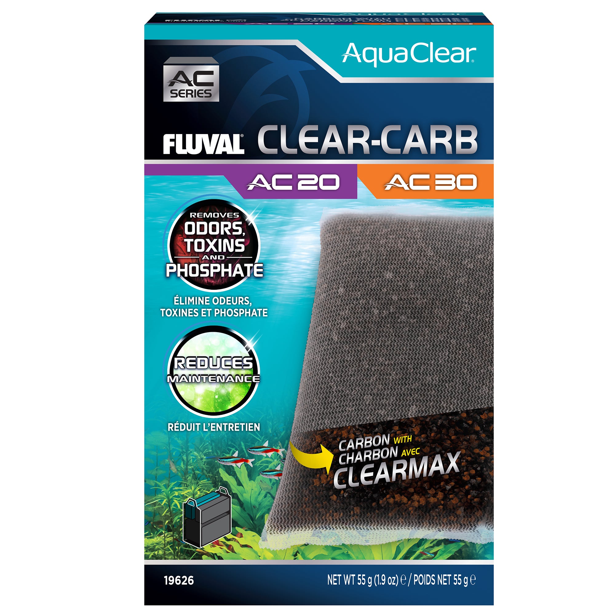 Masse filtrante Clear-Carb pour filtre à moteur AquaClear 20/30 Fluval, 55 g (1,9 oz)