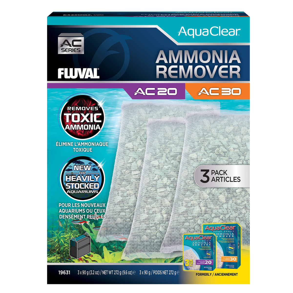Éliminateurs d’ammoniaque pour filtre à moteur AC20/AC30 AquaClear, 272 g (9,6 oz), paquet de 3