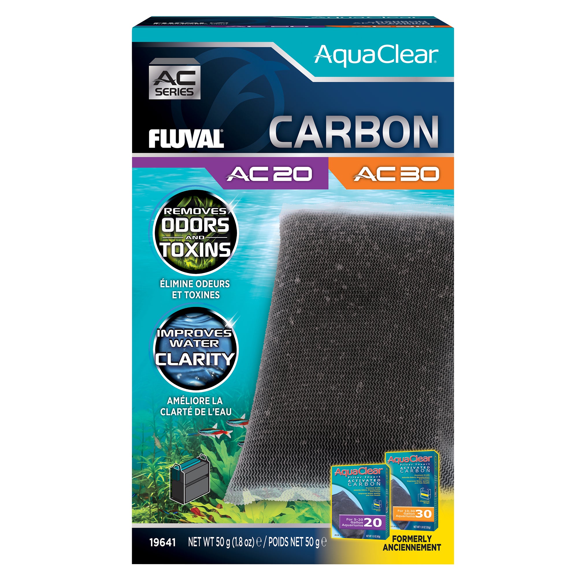 Charbon pour filtre à moteur AquaClear 20/30 Fluval, 50 g (1,8 oz), paquet de 1