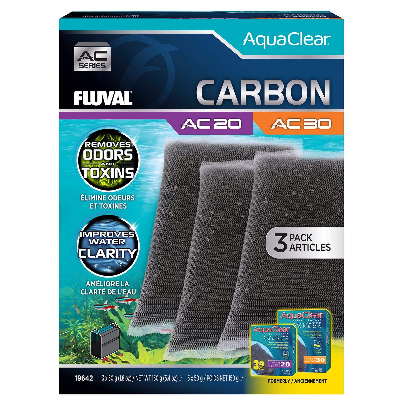 Charbon pour filtre à moteur AquaClear 20/30 Fluval, 150 g (5,4 oz), paquet de 3 - La niche&moi