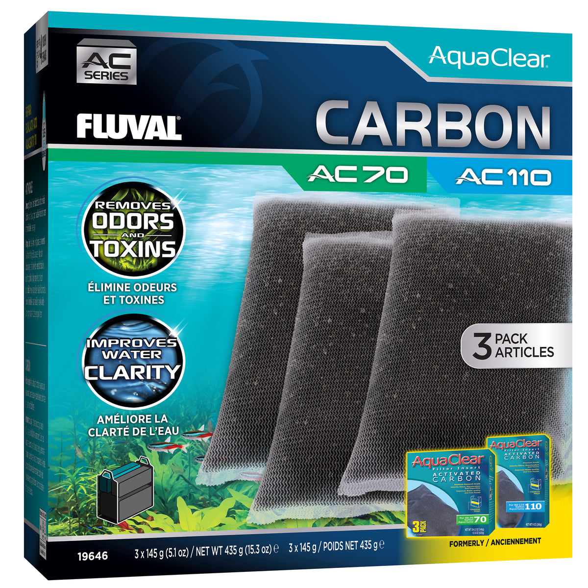 Charbon pour filtre à moteur AC70/AC110 AquaClear, 435 g (15,3 oz), paquet de 3 - La niche&amp;moi