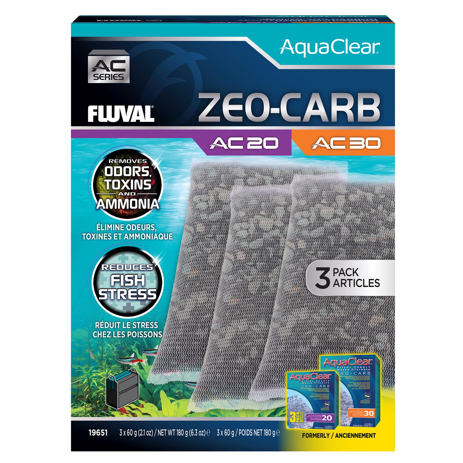 Masses filtrantes Zeo-Carb pour filtre à moteur AC20/AC30 AquaClear, 180 g (6,3 oz), paquet de 3