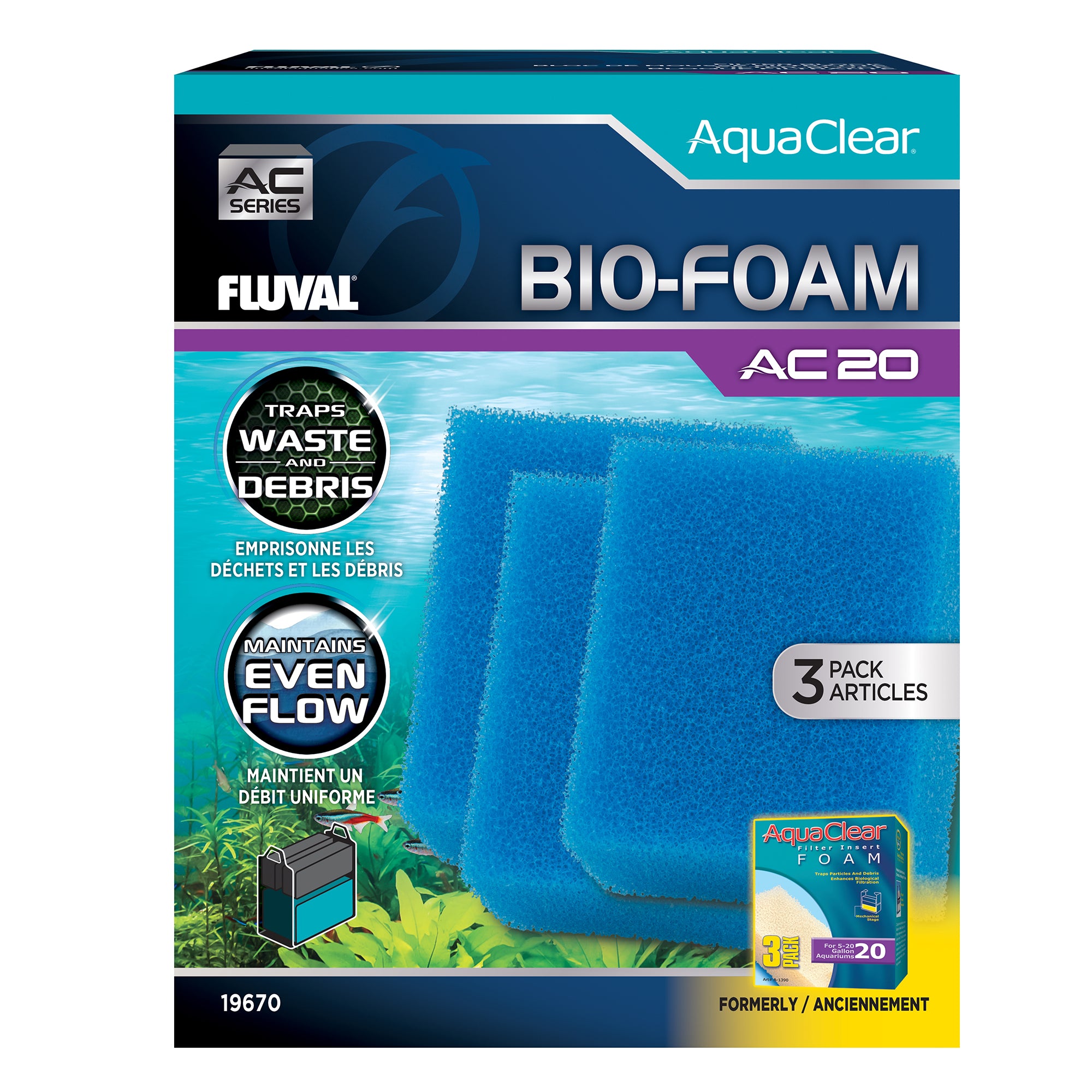 Fluval AquaClear 20 Bio-Foam Filter Insert - Blue - 3 pack