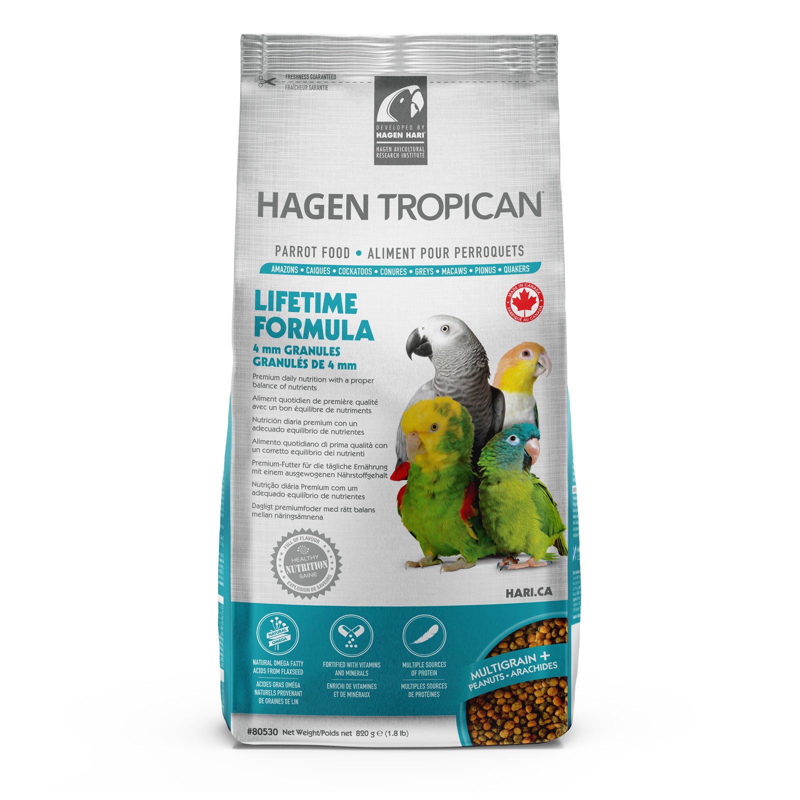 Aliment Lifetime Tropican pour perroquets, granulés de 4 mm, 820 g (1,8 lb)