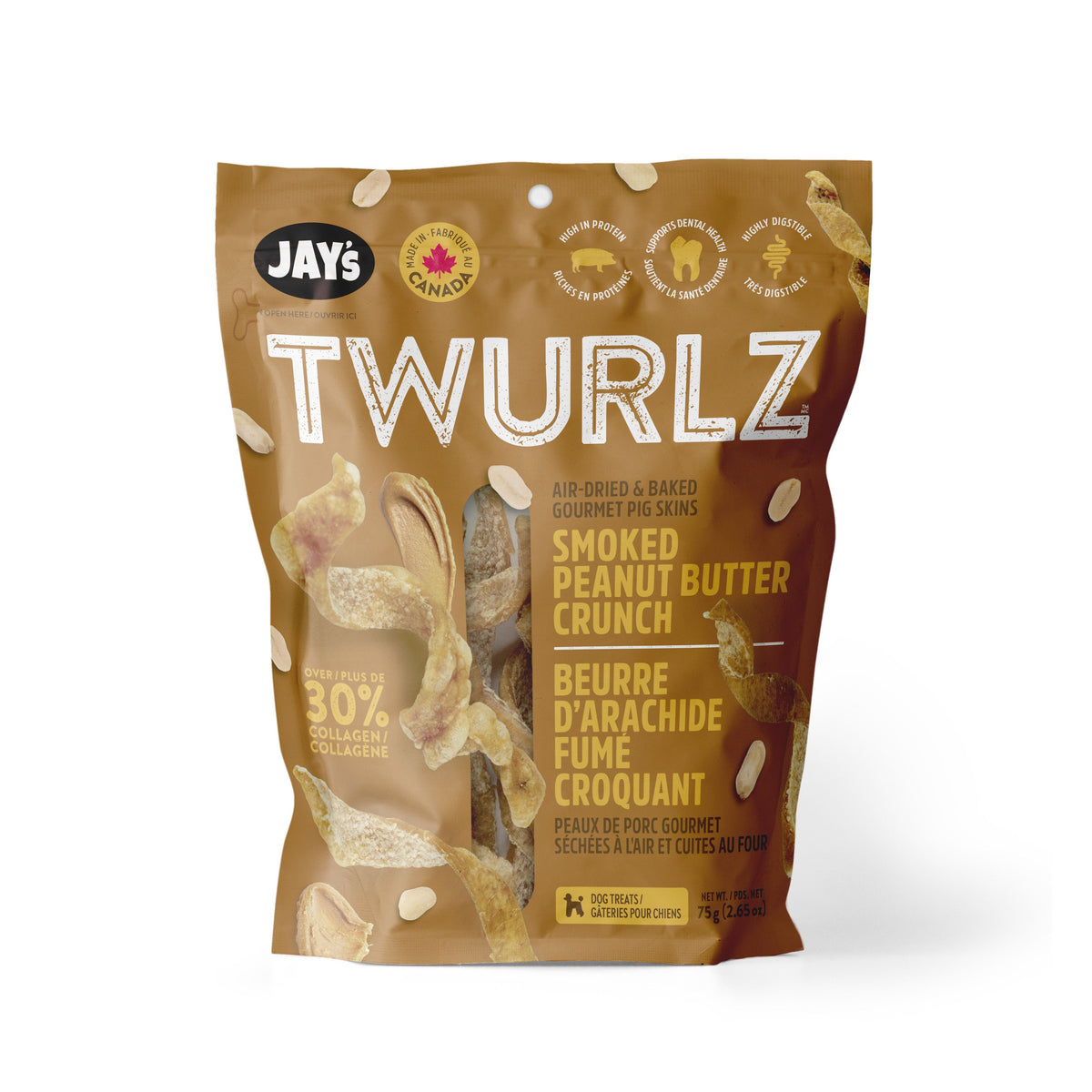 Jay's Twurlz, Peaux De Porc Séchées à L'air Pour Chien, Beurre D'arachides Fumé 75g - La niche&amp;moi