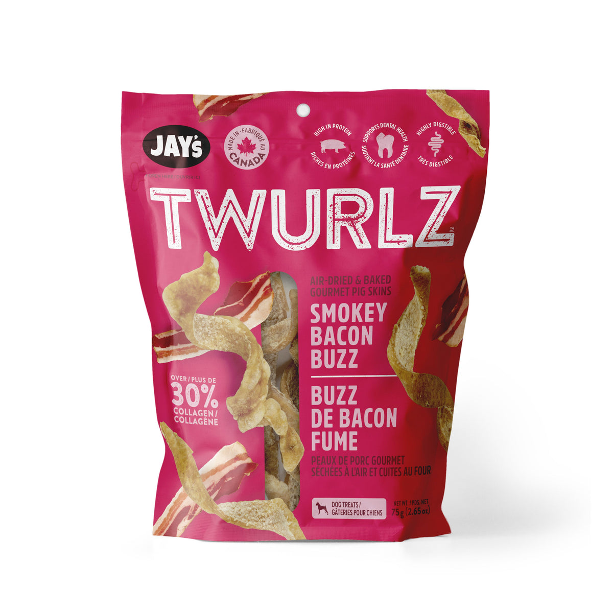Jay's Twurlz, Peaux De Porc Séchées à L'air Pour Chien, Bacon Fumé 75g - La niche&amp;moi