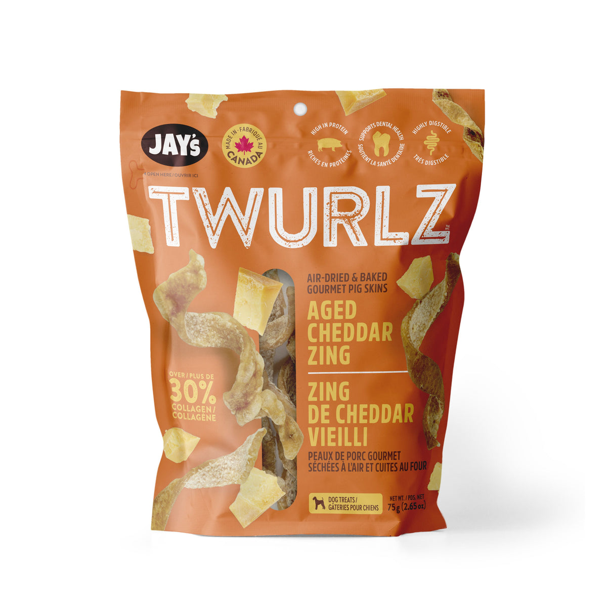 Jay's Twurlz, Peaux De Porc Séchées à L'air Pour Chien, Cheddar Vieilli 75g - La niche&amp;moi