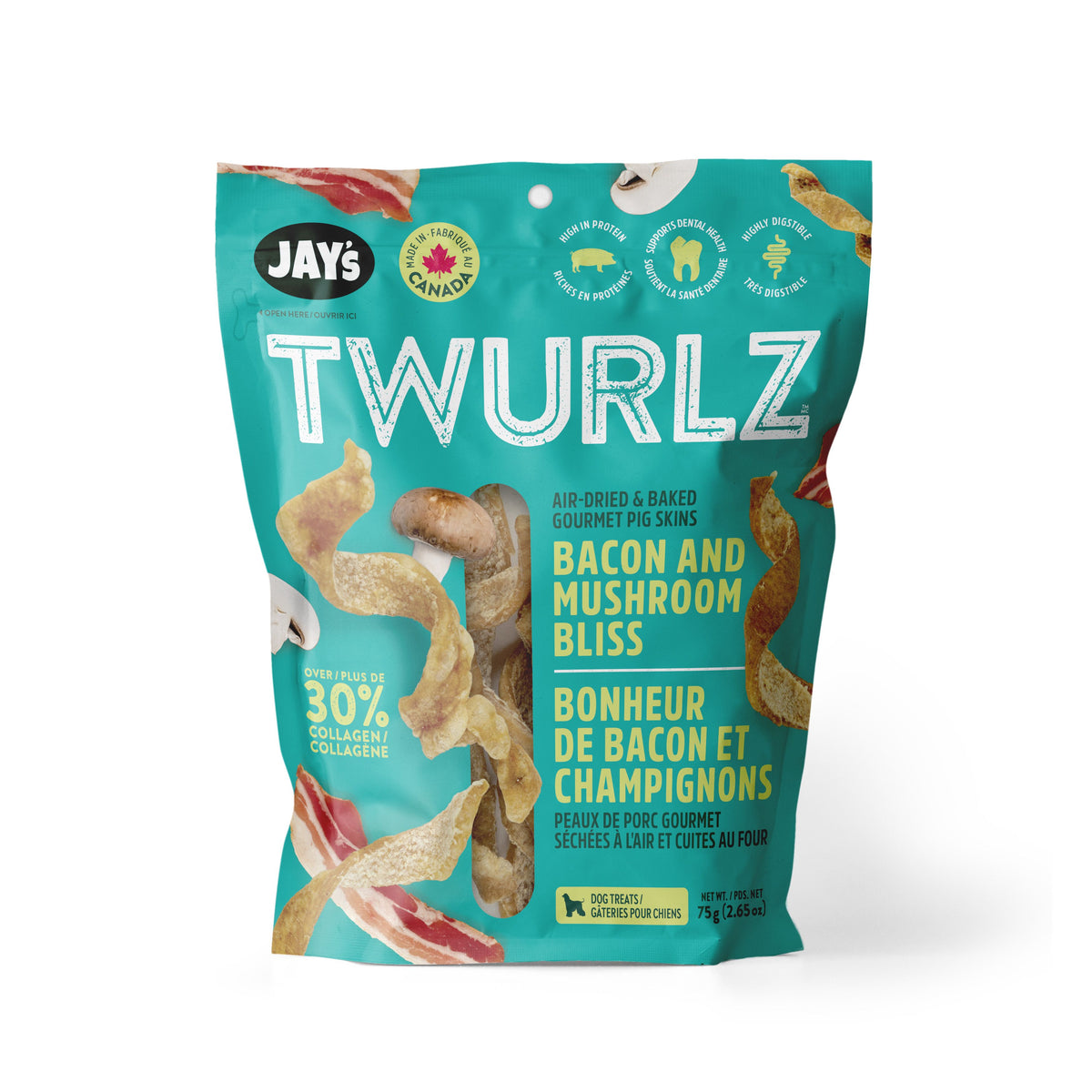 Jay's Twurlz, Peaux De Porc Séchées à L'air Pour Chien, Bacon &amp; Champignons 75g - La niche&amp;moi