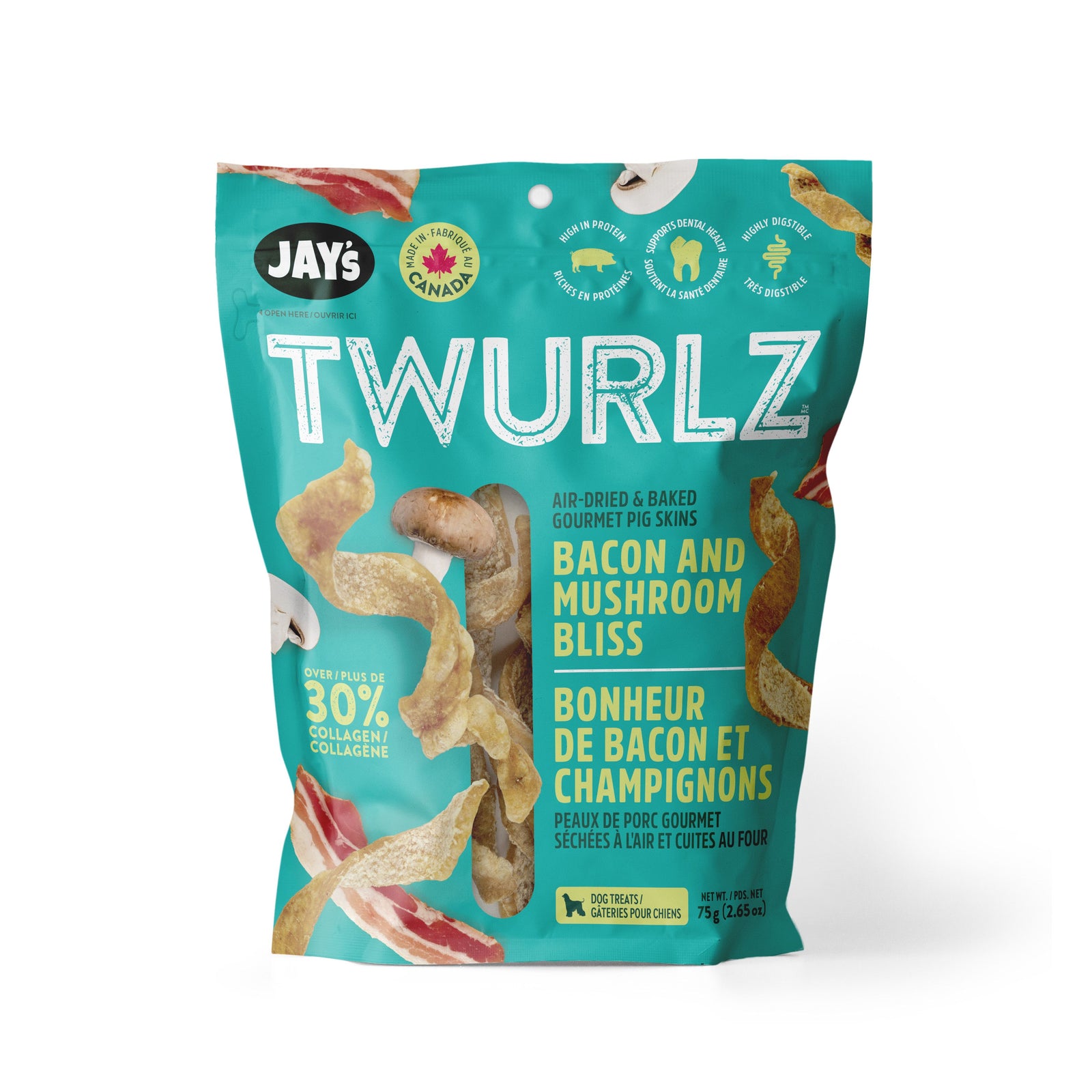 Jay's Twurlz, Peaux De Porc Séchées à L'air Pour Chien, Bacon & Champignons 75g - La niche&moi
