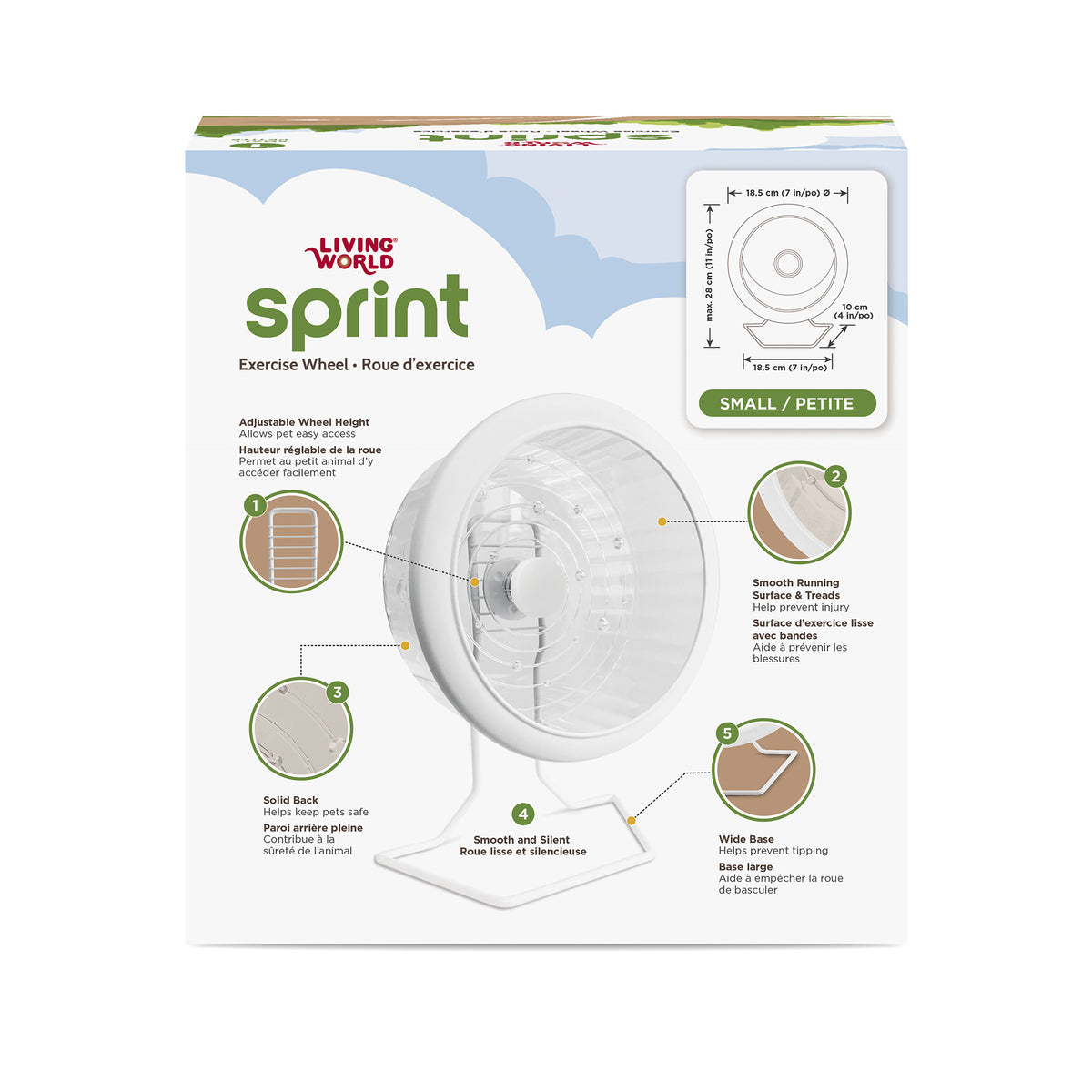 Roue d’exercice SPRINT 1 Living World, blanche avec support en métal, petite, 18,5 cm (7 po) - La niche&amp;moi