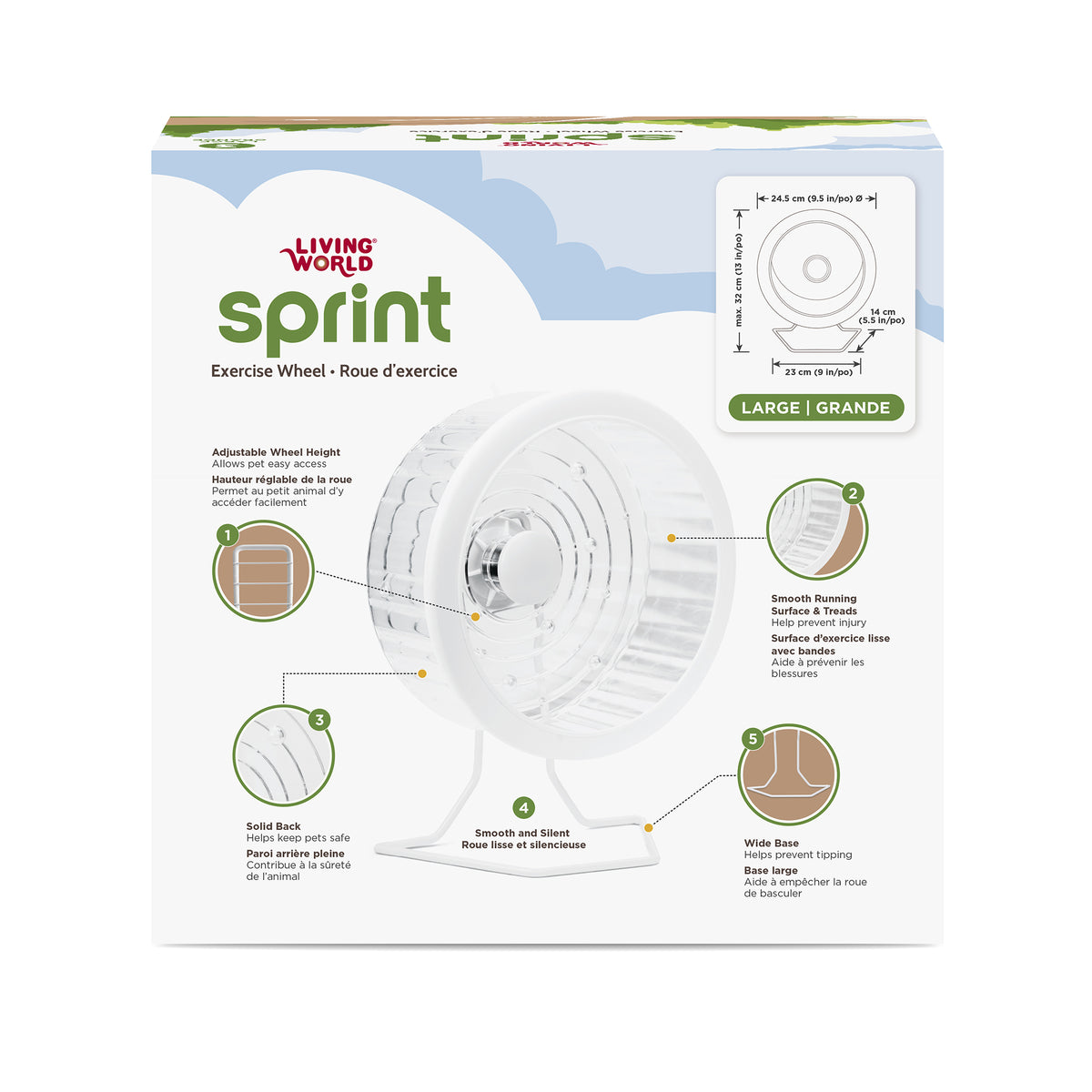 Roue d’exercice SPRINT 3 Living World, blanche avec support en métal, grande, 24,5 cm (9,5 po) - La niche&amp;moi