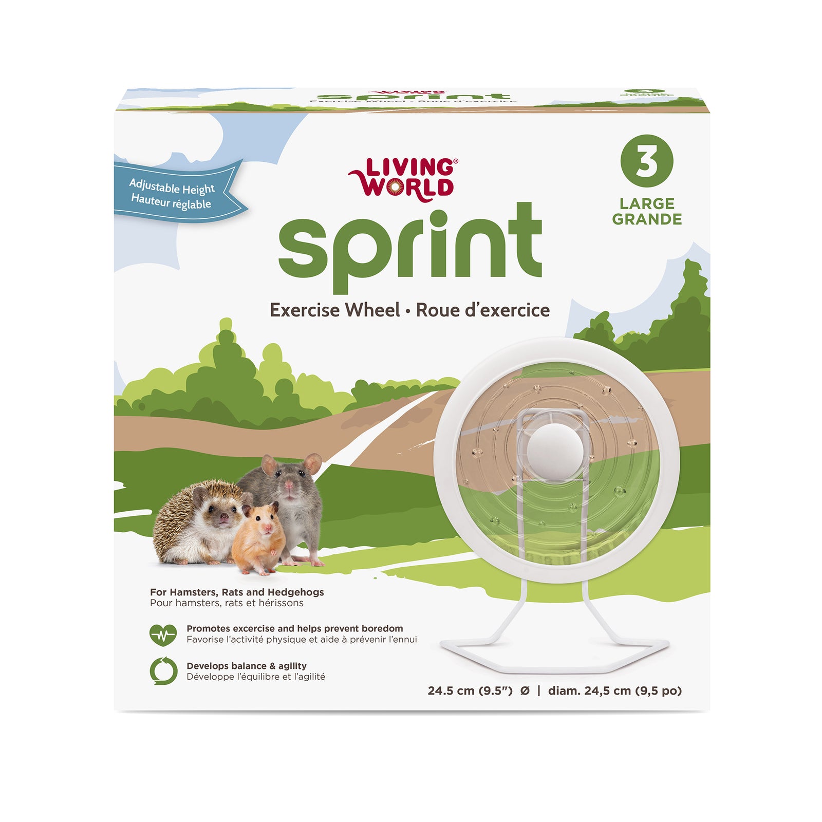 Roue d’exercice SPRINT 3 Living World, blanche avec support en métal, grande, 24,5 cm (9,5 po)
