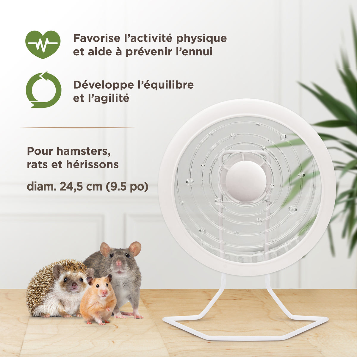 Roue d’exercice SPRINT 3 Living World, blanche avec support en métal, grande, 24,5 cm (9,5 po) - La niche&amp;moi