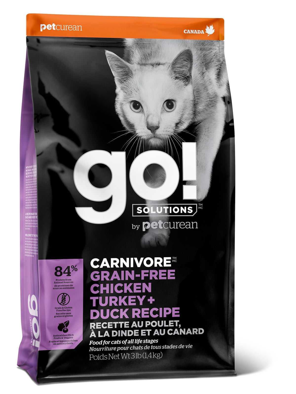 Petcurean Go! Carnivore Sans Grains Pour Chat Poulet, Dinde + Canard 3 Lbs