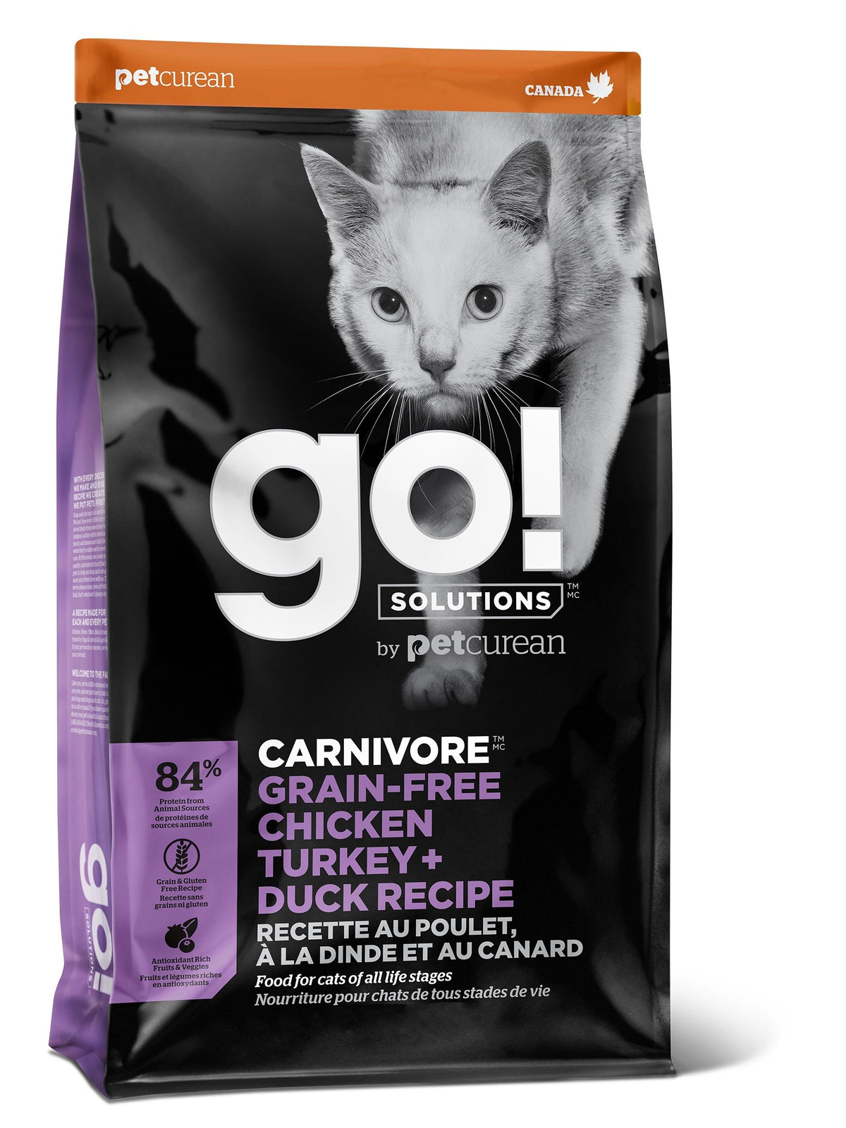 Petcurean Go! Carnivore Sans Grains Pour Chat Poulet, Dinde + Canard 8 Lbs