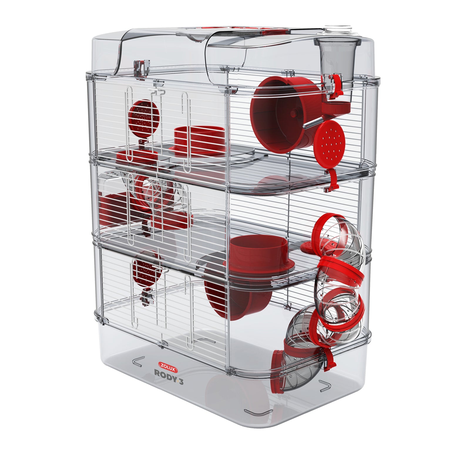 Cage Trio Rody 3 pour hamster, trois étages, rouge, 41 x 27 x 53 cm (16,14 x 10,62 x 20,86 po) - La niche&moi