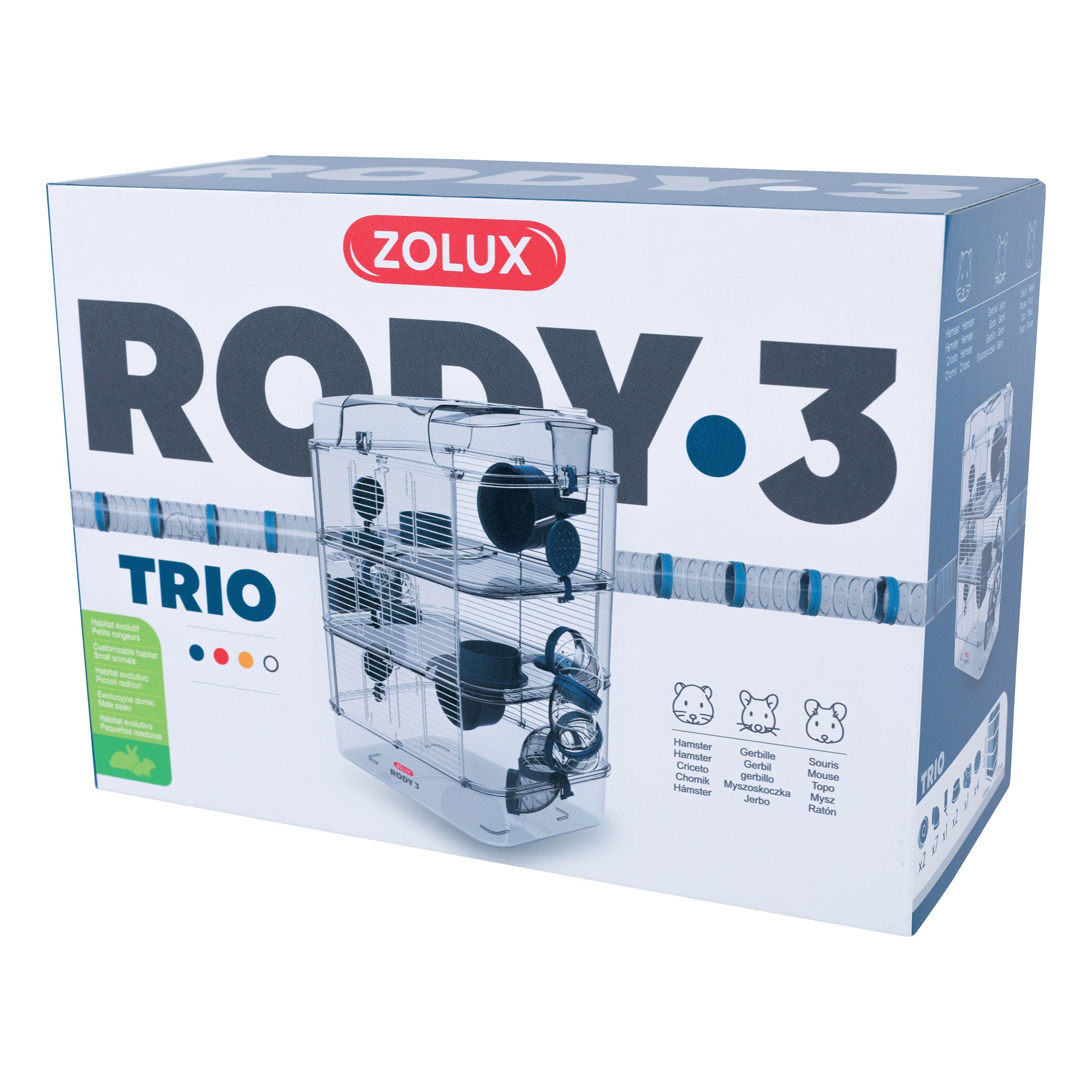 Cage Trio Rody 3 pour hamster, trois étages, bleue, 41 x 27 x 53 cm (16,14 x 10,62 x 20,86 po)