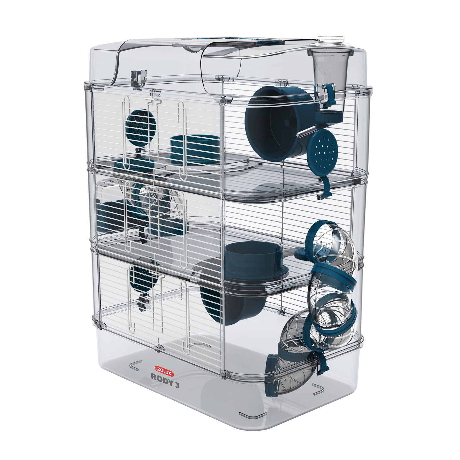 Cage Trio Rody 3 pour hamster, trois étages, bleue, 41 x 27 x 53 cm (16,14 x 10,62 x 20,86 po) - La niche&moi