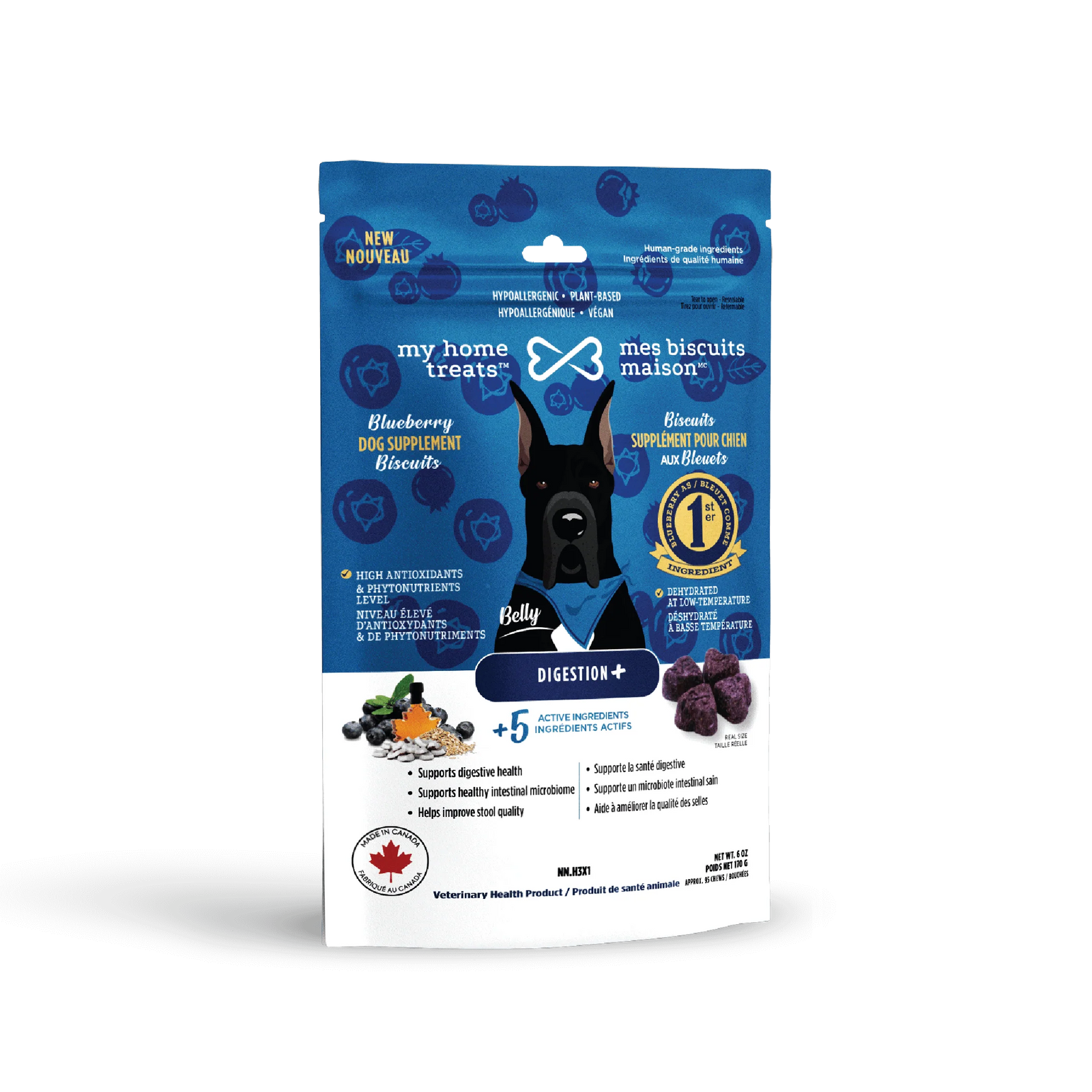 Biscuits supplément hypoallergénique pour chien aux bleuets - Digestion+ 170g - La niche&moi