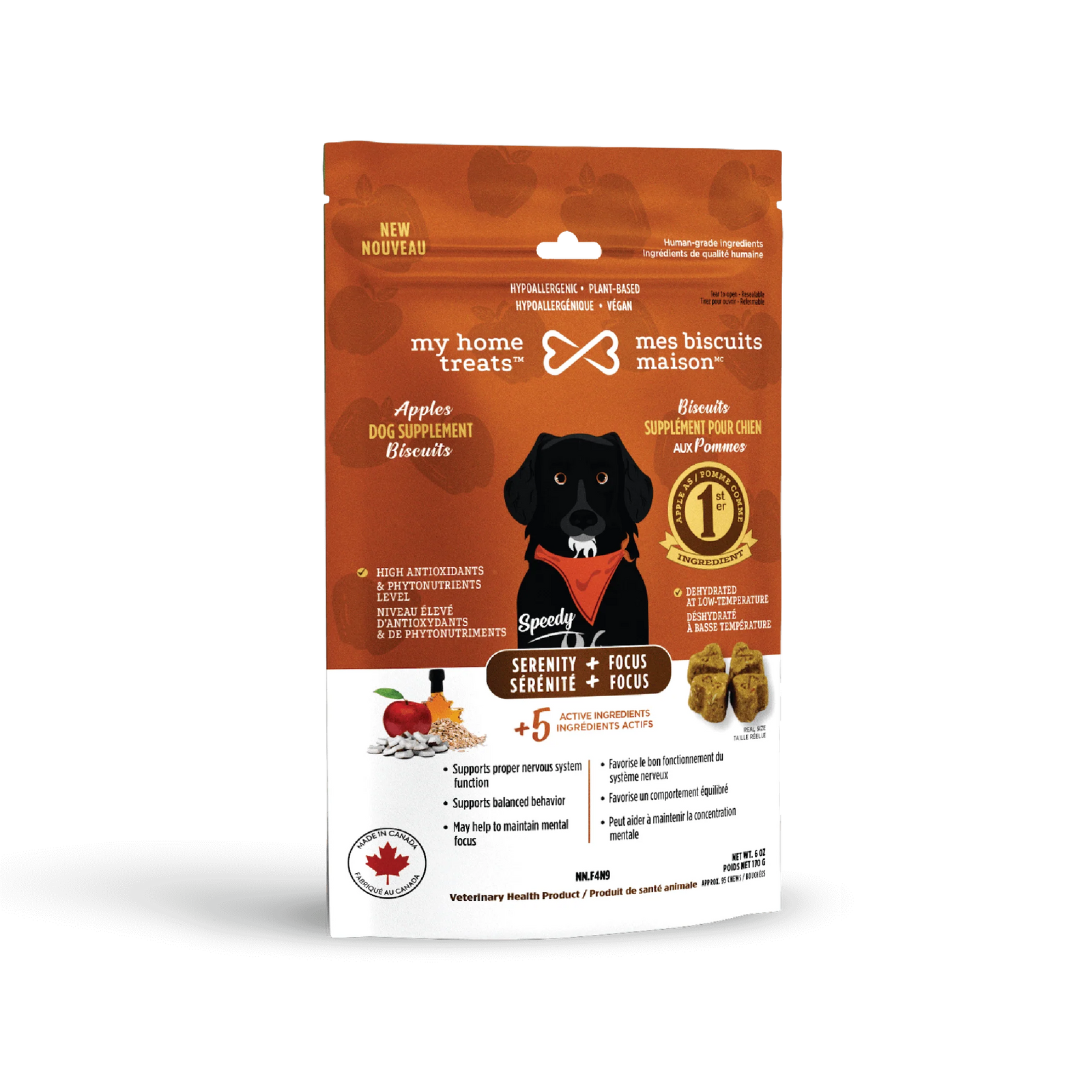Biscuits supplément hypoallergénique pour chien aux pommes - Sérénité + Focus 170g - La niche&moi