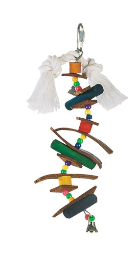 Living World Juglewood Bird Toy, Small Skewer With Wood Pegs, Plastic Beads, Leather Strips and Bell with hanging Clip