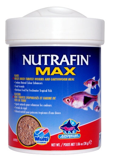 Flocons Nutrafin Max avec vers tubifex lyophilisés et farine de vers de terre pour poissons tropicaux d’eau douce, 30 g (1,06 oz)