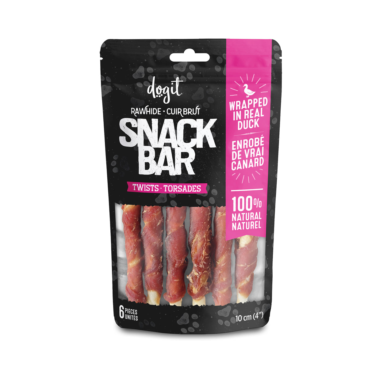 Torsades de cuir brut enrobés de canard Snack Bar Dogit, 6 unités, 10 cm (4 po) - La niche&amp;moi