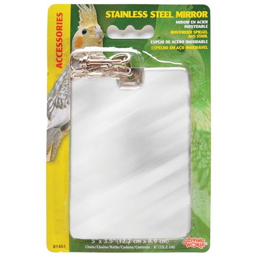 Miroir Living World en acier inoxydable avec chaîne pour perroquets, grand, 12,5 x 9 cm - La niche&amp;moi