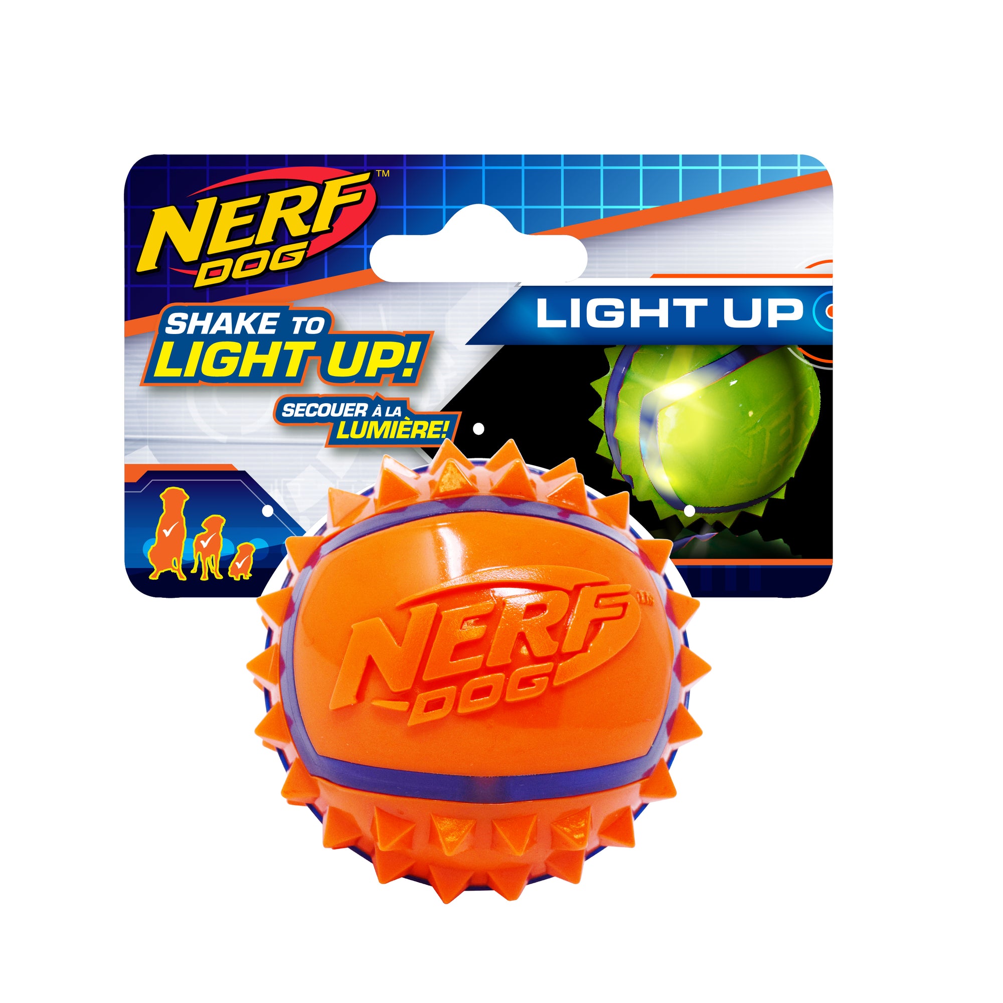 Balle à crampons Nerf Dog à DEL, bleu et orange, 6,3 cm (2,5 po)