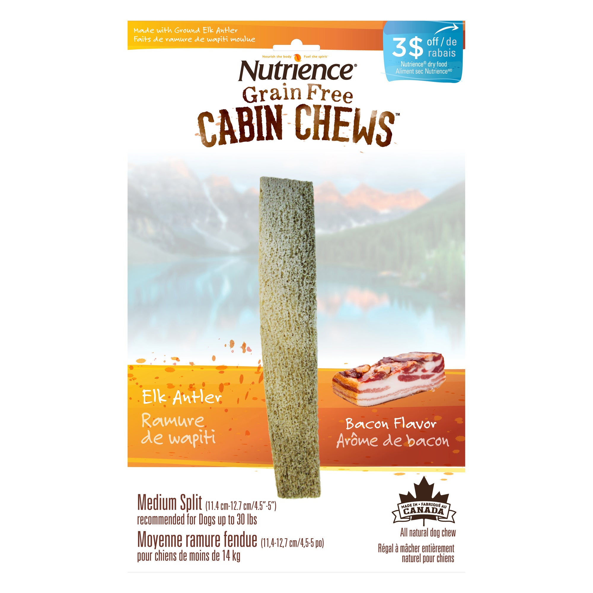 Ramure de wapiti fendue à mâcher Cabin Chews Nutrience, moyenne, arôme de bacon, 11,4-12,7 cm (4,5-5 po)