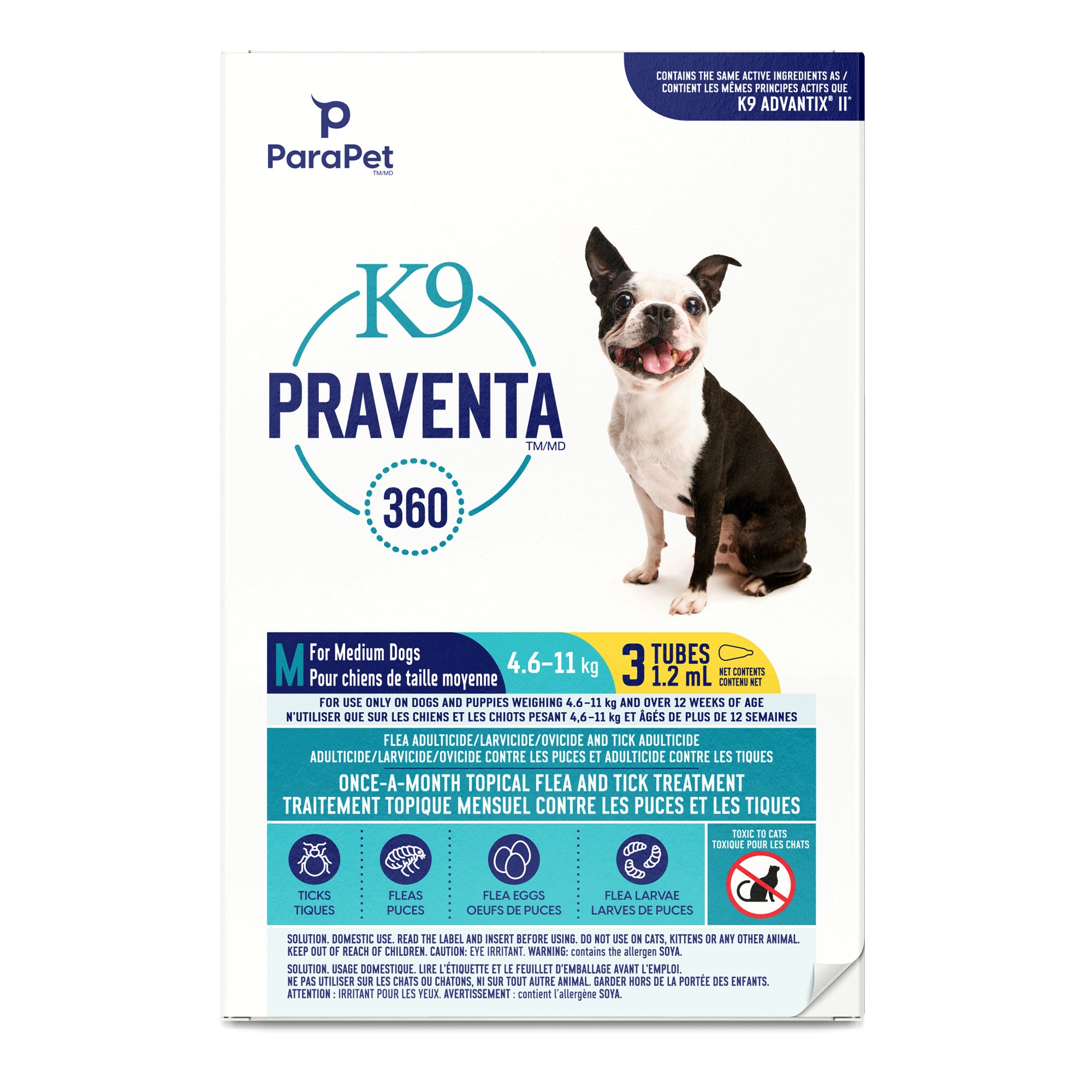K9 Praventa 360 traitement contre les puces et les tiques pour chiens de taille moyenne, 4,6 kg à 11 kg, 3 tubes
