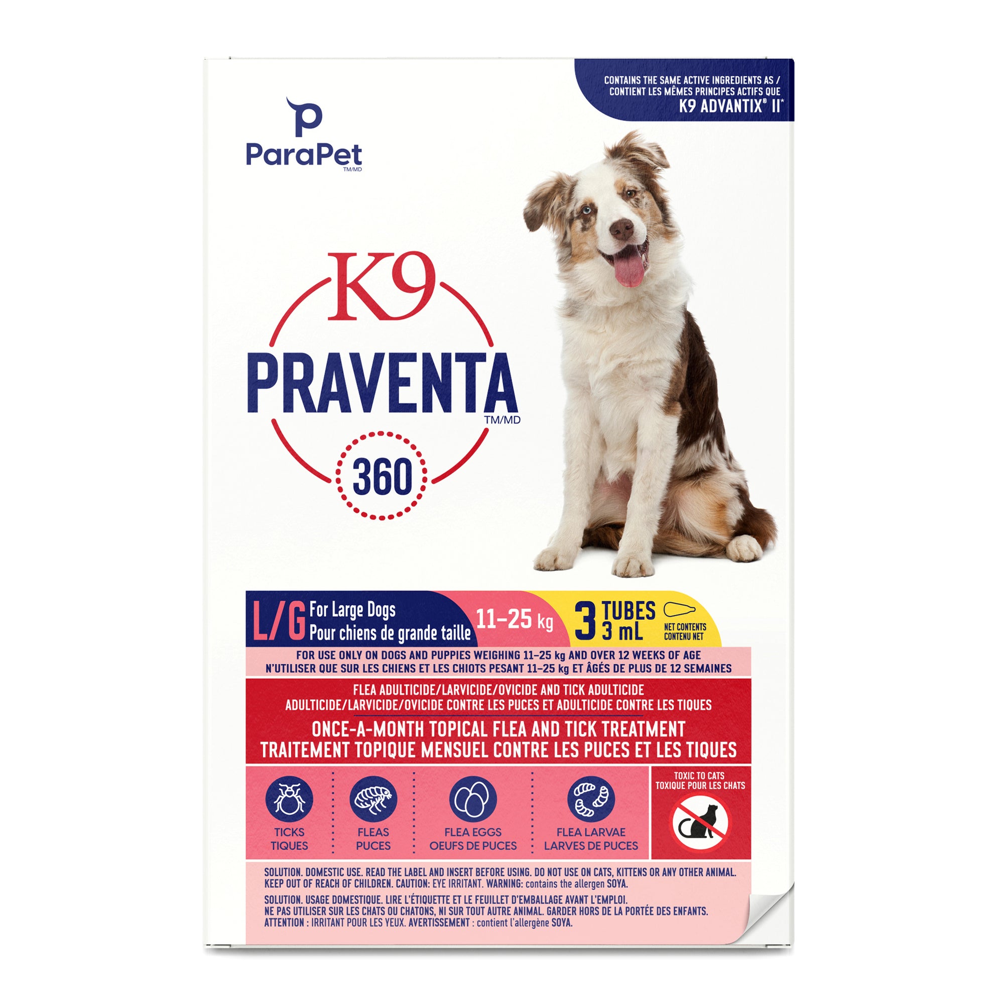 K9 Praventa 360 traitement contre les puces et les tiques pour chiens de grande taille, 11 kg à 25 kg, 3 tubes