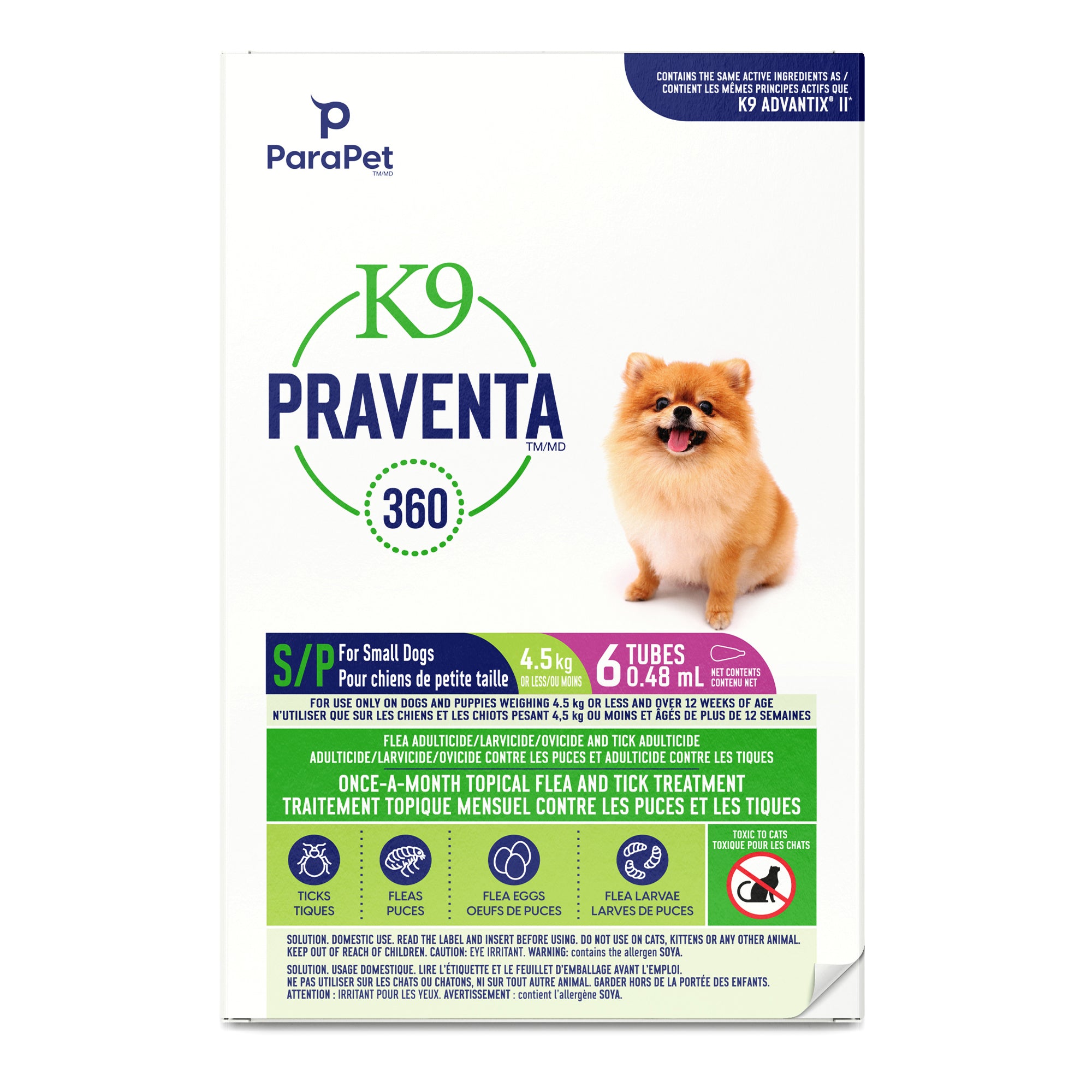K9 Praventa 360 traitement contre les puces et les tiques pour chiens de petite taille jusqu’à 4,5 kg, 6 tubes