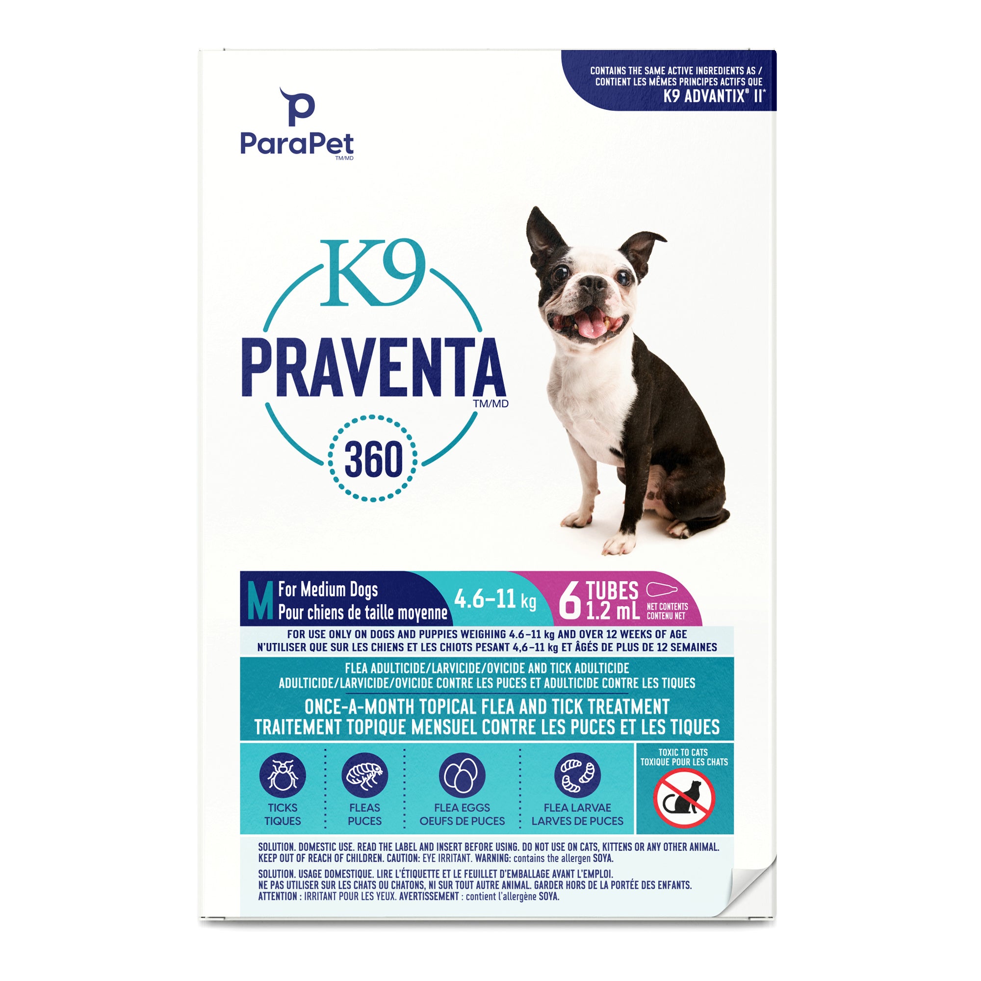 K9 Praventa 360 traitement contre les puces et les tiques pour chiens de taille moyenne, 4,6 kg à 11 kg, 6 tubes