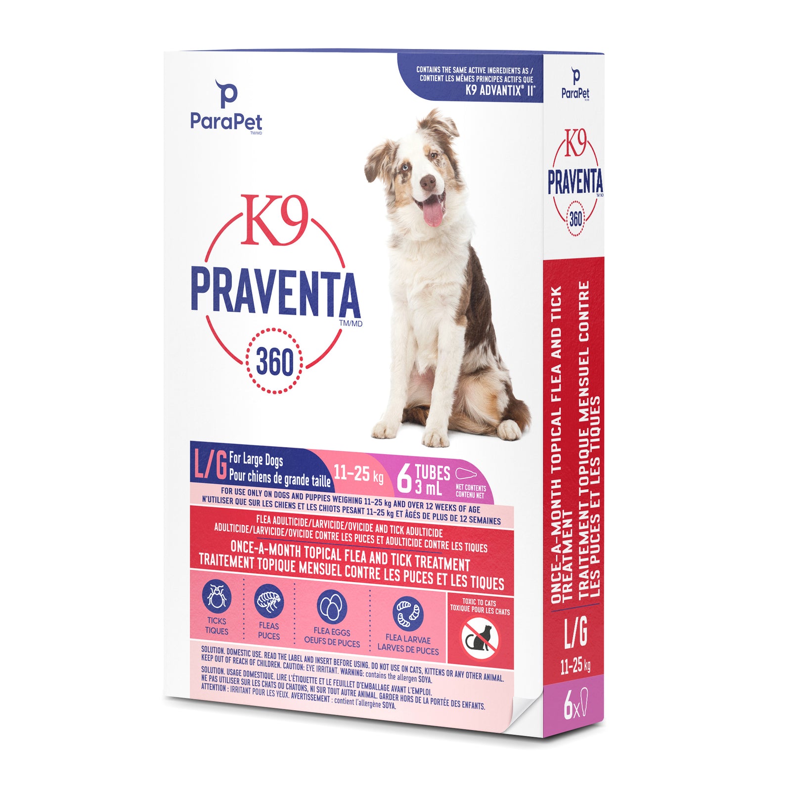 K9 Praventa 360 traitement contre les puces et les tiques pour chiens de grande taille, 11 kg à 25 kg, 6 tubes - La niche&moi
