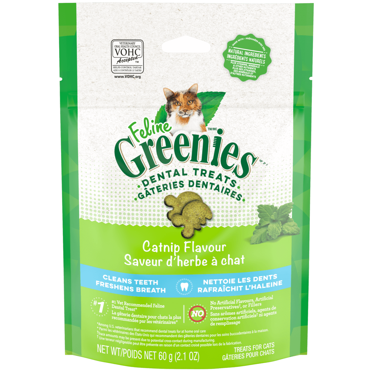 Gâteries dentaires pour chats adultes FELINE GREENIESᴹᴰ saveur d&#39;herbe à chat 60 g (2.1oz) - La niche&amp;moi