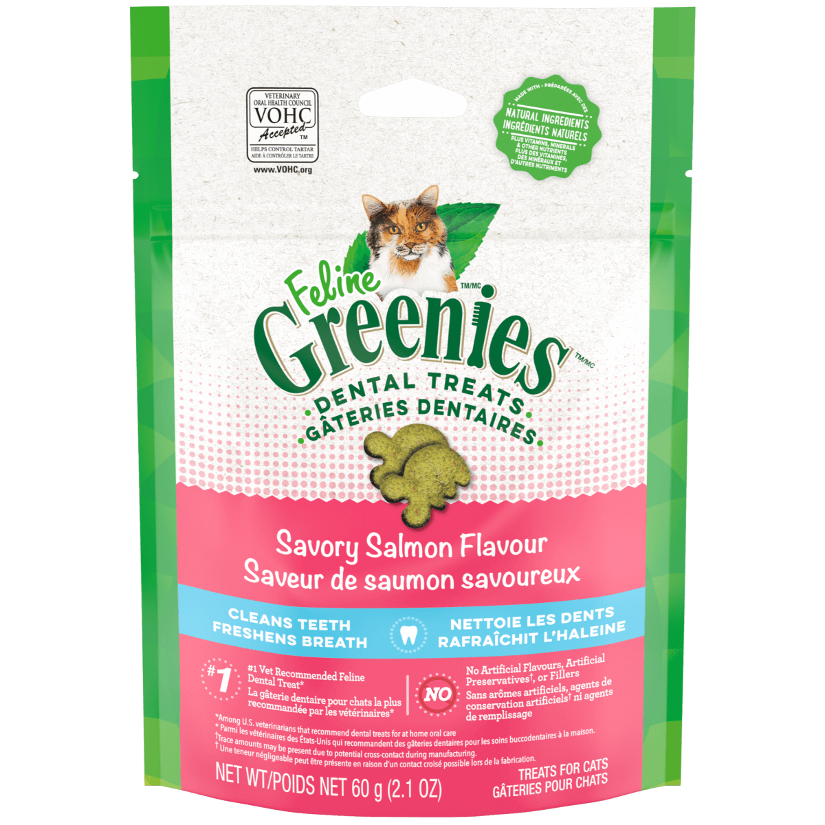 Gâteries dentaires pour chats adultes FELINE GREENIESᴹᴰ saveur de saumon savoureux 60 g (2.1oz) - La niche&moi
